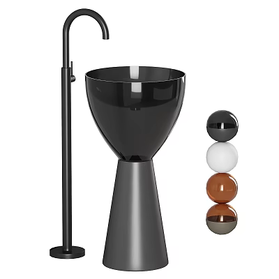 Sleek Black Freestanding Washbasin With Tall Pedestal And Spherical Decorations 3d model