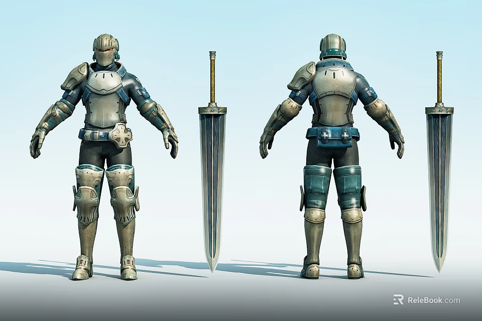 Game Movie Character In Metallic Armor With Long Sword Front And Back View 3d model 