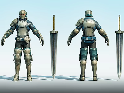 Game Movie Character In Metallic Armor With Long Sword Front And Back View 3d model