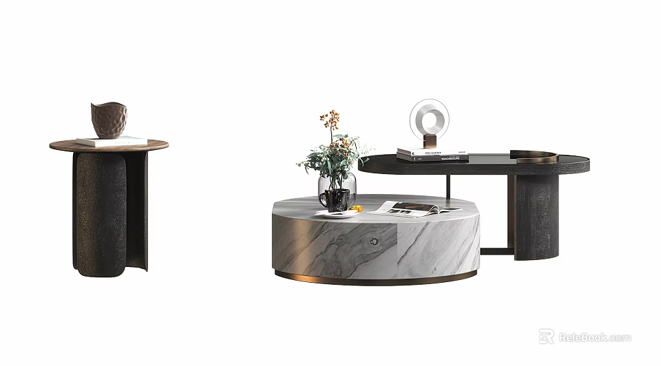 Modern Round Coffee Table With Marble Surface And Decorative Vase Magazines 3d model 
