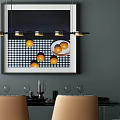 Modern Dining Set With Dark Table Beige Chairs Pendant Light And Fruit Wall Art 3d model