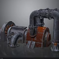 Industrial Style Mechanical Equipment Featuring Metal Pipes Red Components And Rusted Finish