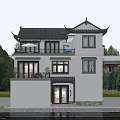 Chinese Style Detached Villa With Traditional Roof White Walls And Balconies Surrounded By Green Trees