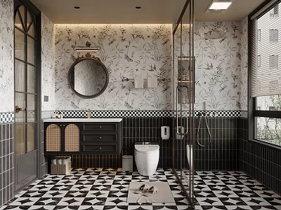 Stylish Bathroom Interior With Round Mirror Floral Wallpaper Dark Cabinets And Geometric Tiles 3d model