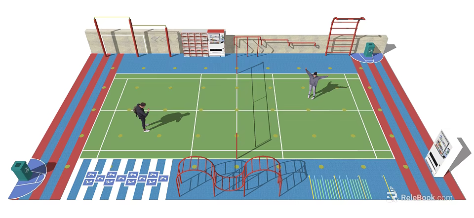 People Exercising In Outdoor Fitness Training Area With Green Field And Red Bars 3d model 