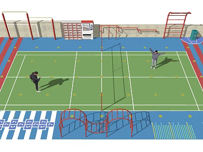 People Exercising In Outdoor Fitness Training Area With Green Field And Red Bars 3d model