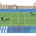 People Exercising In Outdoor Fitness Training Area With Green Field And Red Bars