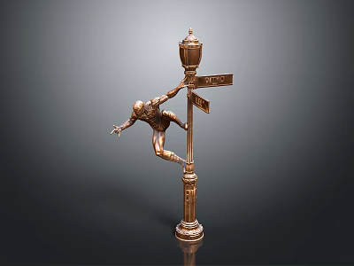 Bronze Sculpture of Climbing Figure on Lamp Post With Directional Signs 3d model