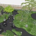 Karesansui Garden Design With Stones Gravel Pine Trees Mossy Plants And Wooden Deck