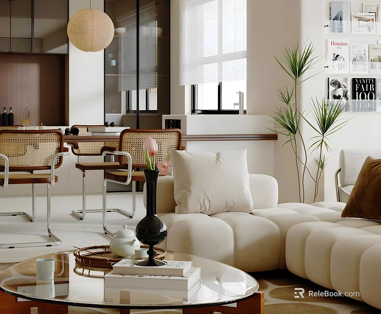 Modern Living and Dining Room Interior With Comfortable Sofa Dining Table And Green Plants 3d model 