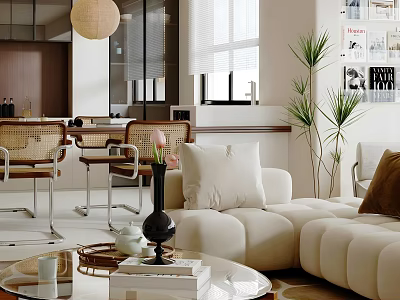 Modern Living and Dining Room Interior With Comfortable Sofa Dining Table And Green Plants 3d model
