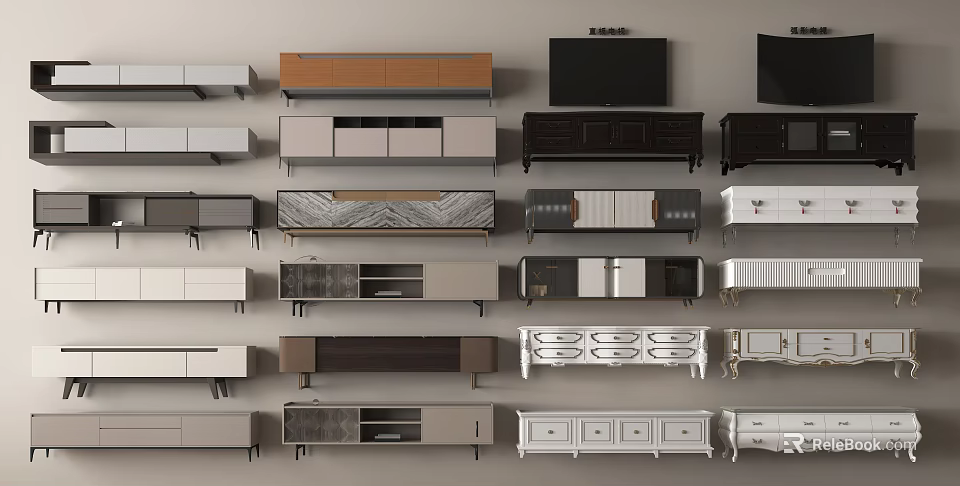 Different Style TV Stands Featuring Various Materials And Contemporary Storage Designs 3d model