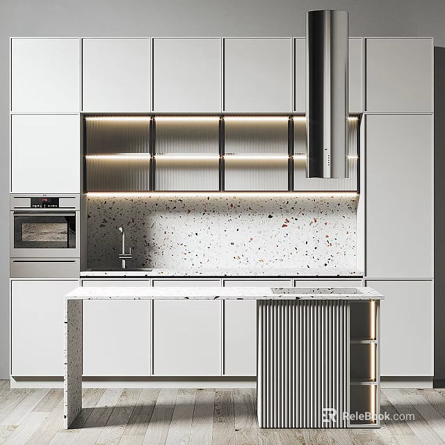 Sleek Modern Kitchen With White Cabinets And Island 3d model