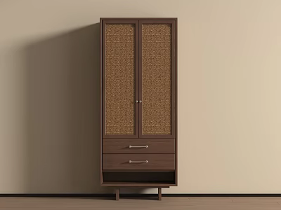 Dark Brown Wooden Wardrobe With Woven Door Panels And Two Drawers On Legs 3d model