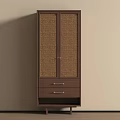 Dark Brown Wooden Wardrobe With Woven Door Panels And Two Drawers On Legs
