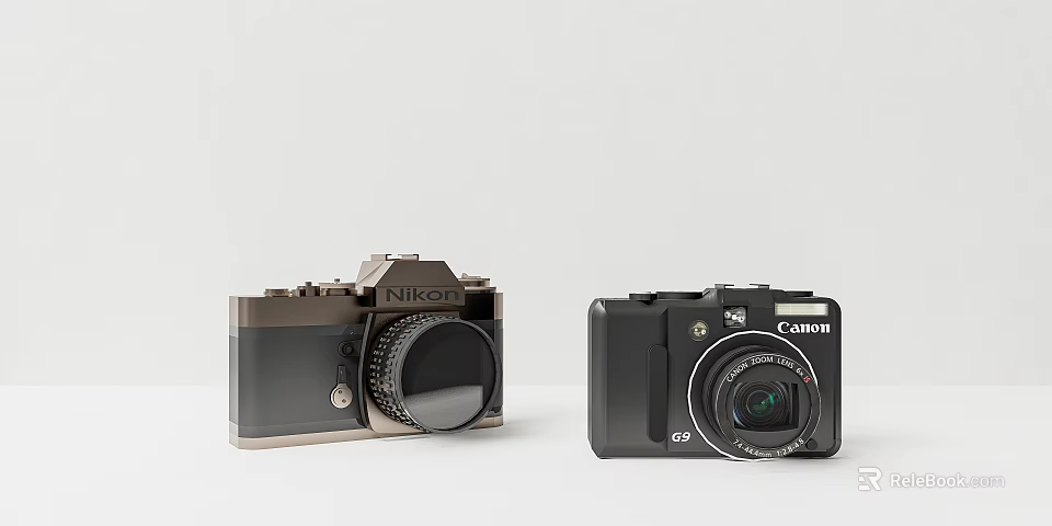Nikon And Canon Digital Cameras With Vintage Design And Classic Digital Camera Equipment 3d model 