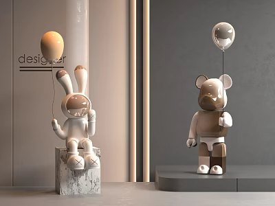 Rabbit and Bear Decorative Dolls With Balloons On Modern Design Display Stands 3d model