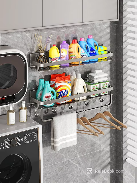 Wall Mounted Bathroom Storage Rack with Laundry Detergent Cleaning Supplies Towel Hangers 3d model 