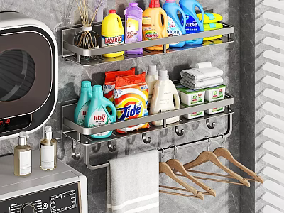 Wall Mounted Bathroom Storage Rack with Laundry Detergent Cleaning Supplies Towel Hangers 3d model