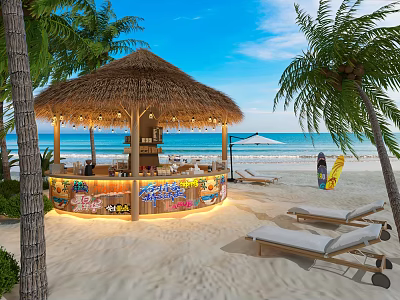 Beach Themed Shopping Mall Store Featuring Thatched Roof Pavilion Palm Trees And Surfboards 3d model