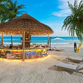 Beach Themed Shopping Mall Store Featuring Thatched Roof Pavilion Palm Trees And Surfboards