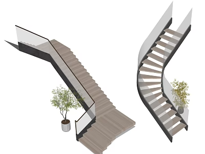 Modern Straight And Spiral Staircase Design With Wooden Steps Glass Railings And Green Plants 3d model