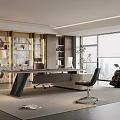 Elegant Modern Office Interior With Executive Desk Office Chair Large Window And Green Plant