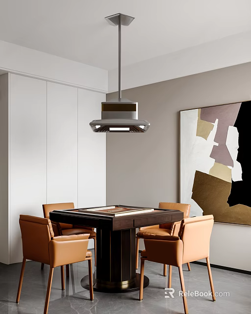 Modern Elegant Hotel Mahjong Room Interior With Wooden Table Comfortable Chairs And Hanging Lamp 3d model