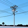 Roadside Utility Pole with Power Lines Street Lamp Blue Sky Grass and Trees