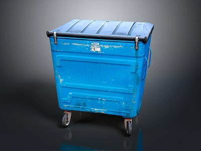 Blue Wheeled Trash Bin With Lid And Worn Exterior Details 3d model