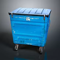 Blue Wheeled Trash Bin With Lid And Worn Exterior Details