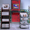 Multi Colored Display Shelves With Stacked Newspapers In Retail Space 3d model