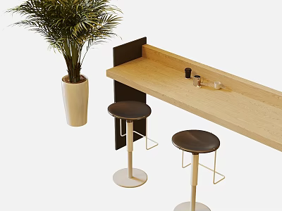Light Wooden Bar Counter with Two Black Stools and Large Green Plant in White Pot 3d model