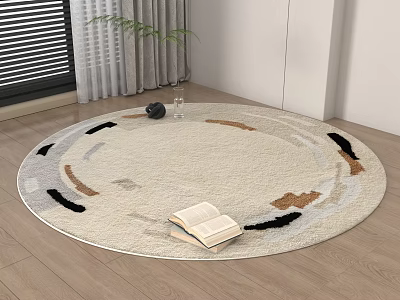 Round Area Rug Beige Black Brown Geometric Patterns With Open Book Vase On Wooden Floor 3d model