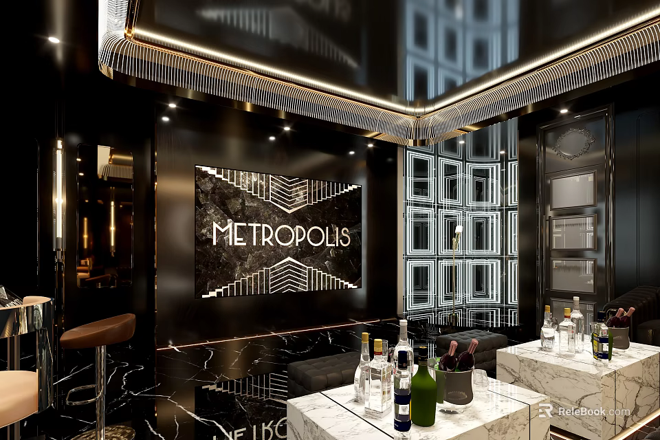 Elegant KTV Lounge Interior With Black Decorative Wall Marble Countertops And Wine Bottles 3d model 