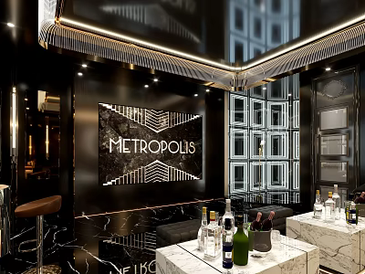 Elegant KTV Lounge Interior With Black Decorative Wall Marble Countertops And Wine Bottles 3d model