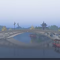 Ancient Stone Arch Bridge Over River With Traditional Pagoda Boats Golden Trees And Evening Sky