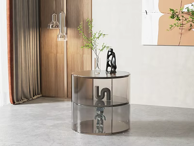 Modern Transparent Acrylic Bedside Table With Green Plant Vase And Sculpture 3d model
