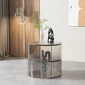 Modern Transparent Acrylic Bedside Table With Green Plant Vase And Sculpture