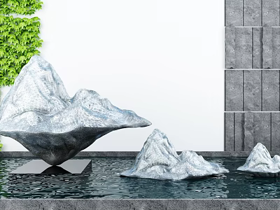 Garden Ornament With Silver Rock Sculptures Water Basin Green Ivy And Gray Stone Wall 3d model