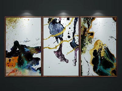 Modern Abstract Paintings With Vibrant Splattered Ink And Framed Wall Art 3d model