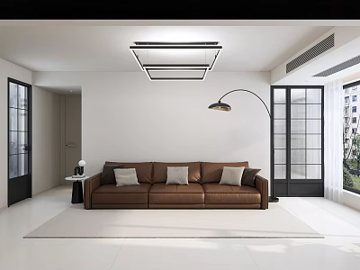Modern Open Concept Living Dining Room With Brown Sofa Floor Lamp And Large Windows 3d model