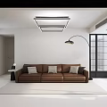 Modern Open Concept Living Dining Room With Brown Sofa Floor Lamp And Large Windows