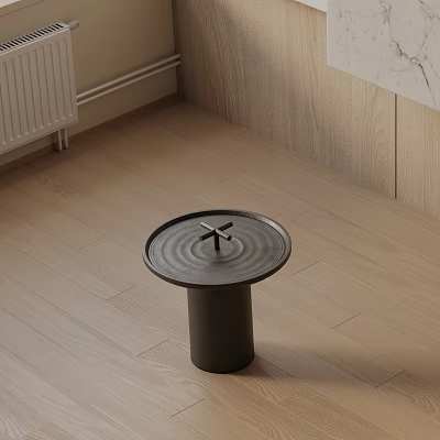 Black Modern Side Table With Round Top And Cylindrical Base On Wooden Floor 3d model