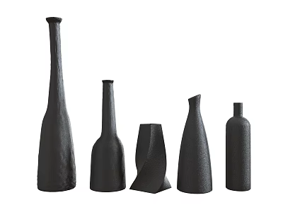Set Of Five Black Wine Bottles With Unique Shapes And Textured Finish 3d model