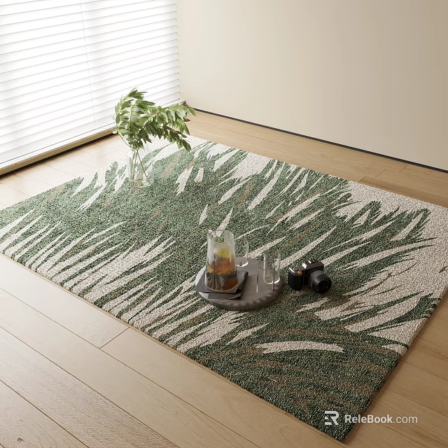 Square Rug Featuring Green And White Palm Leaf Pattern On Wooden Floor With Potted Plant 3d model 