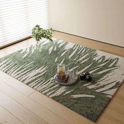 Square Rug Featuring Green And White Palm Leaf Pattern On Wooden Floor With Potted Plant 3d model