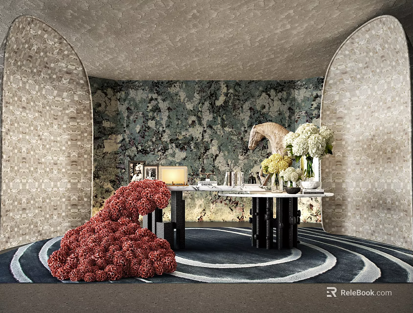 Functional Table With Red Bouquet Vase Books Candle Black White Circular Rug And Arched Walls 3d model 