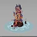 Fantasy Multi Level Architecture On Island With Bridge Water Colorful Roofs And Decorative Windows