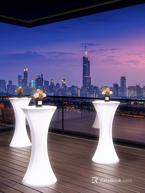Glowing White High Dining Tables On Rooftop Terrace Overlooking Stunning Modern City Night View 3d model 